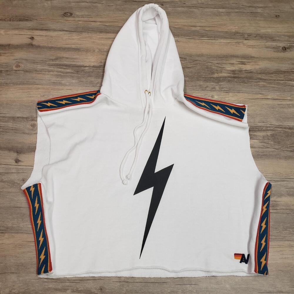 Aviator Nation Hoodie Sweatshirt Womens Medium White Sleeveless Lightning Bolt